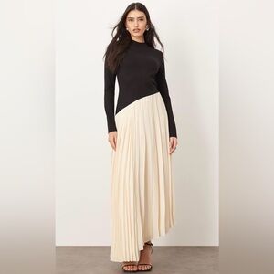 ARRANGE Contrast Fabric Sculpted Maxi Dress with pleat skirt in black